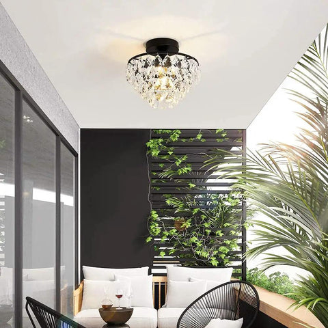Modern Black Crystal Ceiling Light Fixture Semi Flush Mount Chandelier in living area with plants, E26 Base 110V 60W
