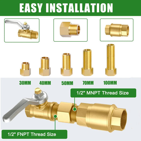 Brass 1/2-inch MNPT to 1/2-inch FNPT pipe adapters set, five lengths (30-100 mm) for tub/shower fittings