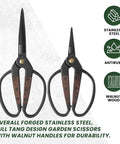 Two Pack Walnut Grip Pruning Scissors For Gardening Dual Grip Floral Shears For Bonsai Succulents And Pro Grade Plant Trimming Easy Left Or Right Hand Use Sharp Precision Cutting Garden Pruning Tool Set, showing stainless steel construction and walnut handles with durability features.