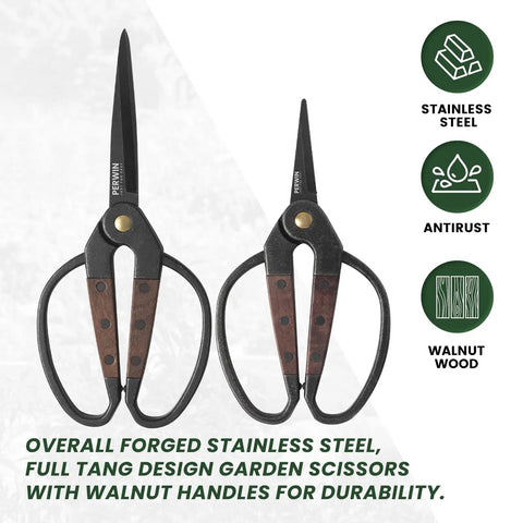 Two Pack Walnut Grip Pruning Scissors For Gardening Dual Grip Floral Shears For Bonsai Succulents And Pro Grade Plant Trimming Easy Left Or Right Hand Use Sharp Precision Cutting Garden Pruning Tool Set, showing stainless steel construction and walnut handles with durability features.