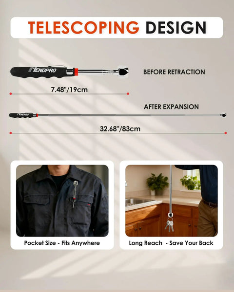 Telescoping And Extendable Magnetic Pickup Tool With 32 Inch Reach And 16 Lb Neodymium Magnet in retracted and expanded view