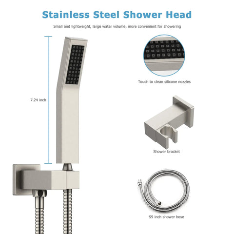 All Metal Shower System With 12 Inch Rain Shower Head And Handheld, stainless steel handheld part, 59 inch hose, and bracket