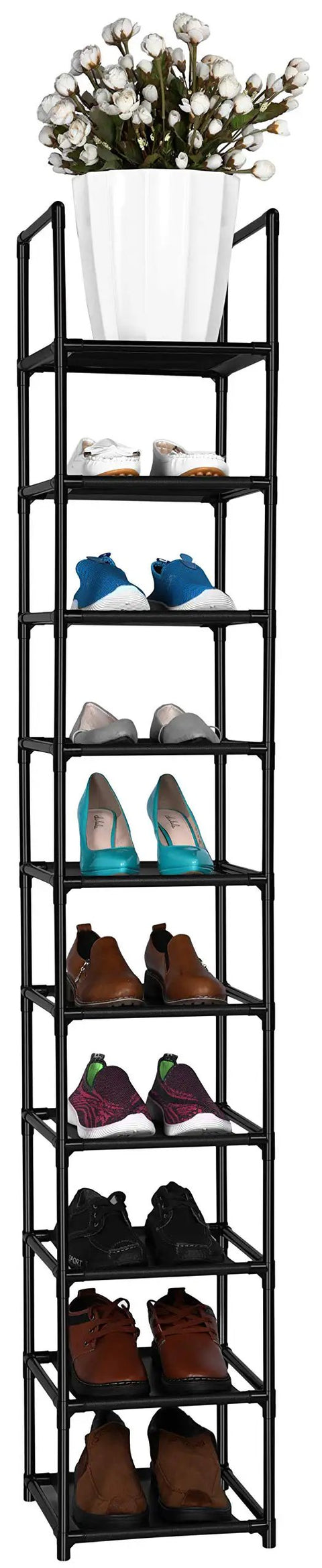 Solid 10 Tier Vertical Shoe Rack To Store Kicks And Casual Sneakers With Heavy Duty Space Saving Closet Organizer And Strong Iron Pipes With Waterproof Fabric Layers That Holds 10 Pairs Of Adult Footwear While Keeping Your Kicks Fresh And Ready To Go