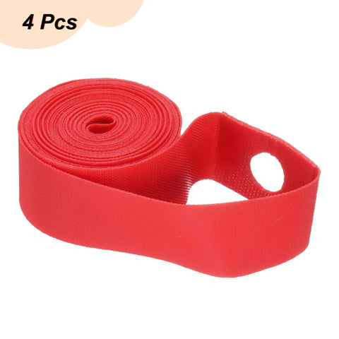 Four Pack 700C Rim Strips 18mm Nylon Rim Tape rolled up, red, for road, mountain, and hybrid bikes, lightweight and durable