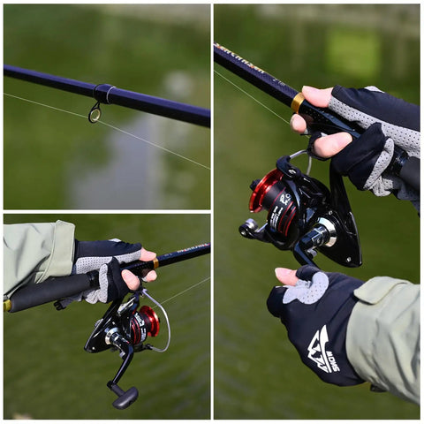 Hands holding Two Piece Telescopic Carbon Fiber Fishing Rod And Reel Set with spinning reels by a lake.