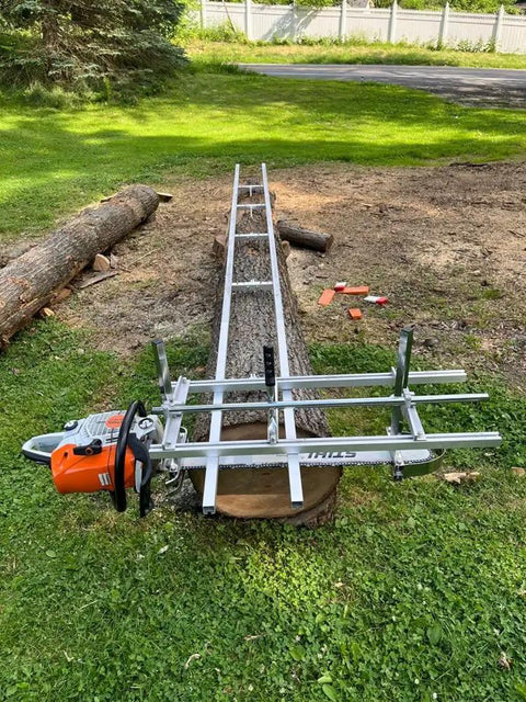 Rail Mill Guide System 9 Ft With 3 Crossbar Kits For Chainsaw Mill on log, demonstrating smooth sliding and level cutting