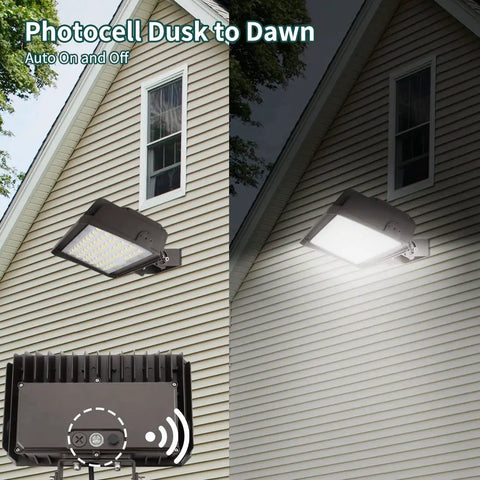 Ultra Bright 200W LED Flood Light With Dusk To Dawn Photocell adjustable on house exterior showing auto on and off feature