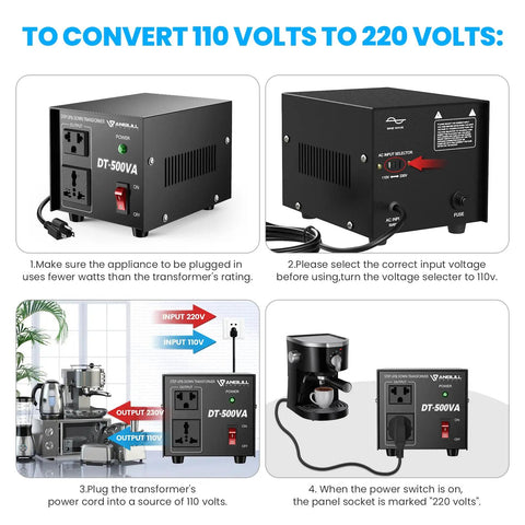 Instructional diagram of Beefy 500W Voltage Converter Transformer For 110V To 220V And 220V To 110V showing plug and switch details.