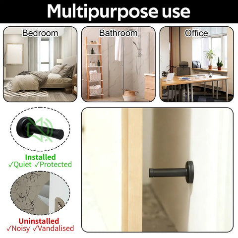 Two Pack Matte Black Long Door Stoppers With Rubber Padded Tip, Wall Mountable Stainless Steel, Brushed Finish, installed in home and office.