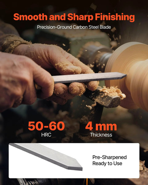 Close-up wood lathe turning tool blade, carbon steel, 4 mm thick, held by hand during wood turning.
