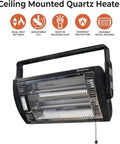 Ceiling Mounted 1500W Infrared Quartz Radiant Heater With Dual Tubes, 90 Degree Tilt, Built-In Halogen Light, Pull String Control.