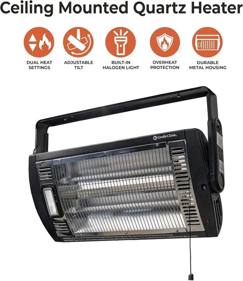 Ceiling Mounted 1500W Infrared Quartz Radiant Heater With Dual Tubes, 90 Degree Tilt, Built-In Halogen Light, Pull String Control.