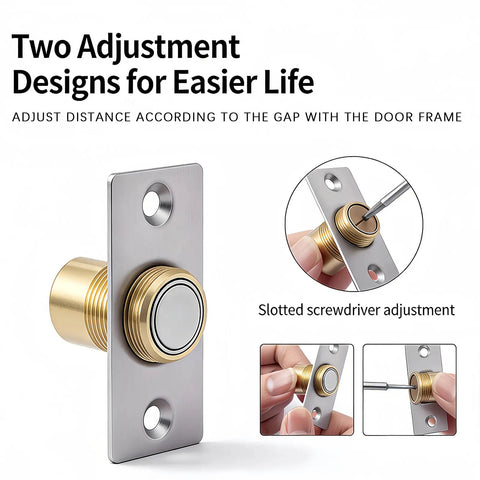 Adjustable Ball Magnetic Door Catch With Stainless Steel And Brass Top Mount Latch shown with screwdriver adjustment