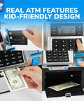 Close-up of Kid Friendly Mini ATM Piggy Bank With Code Lock, Electronic Digital Money Counter And LCD Display in use with card and cash.