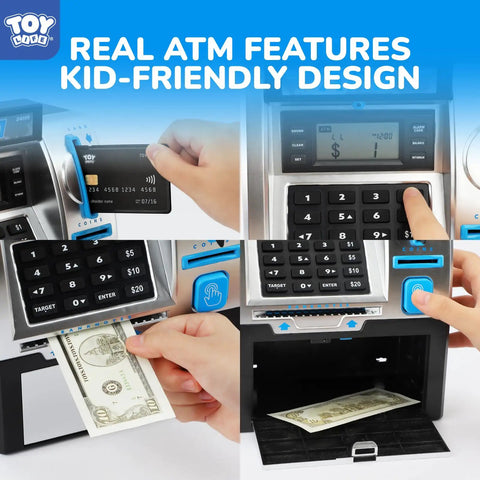 Close-up of Kid Friendly Mini ATM Piggy Bank With Code Lock, Electronic Digital Money Counter And LCD Display in use with card and cash.