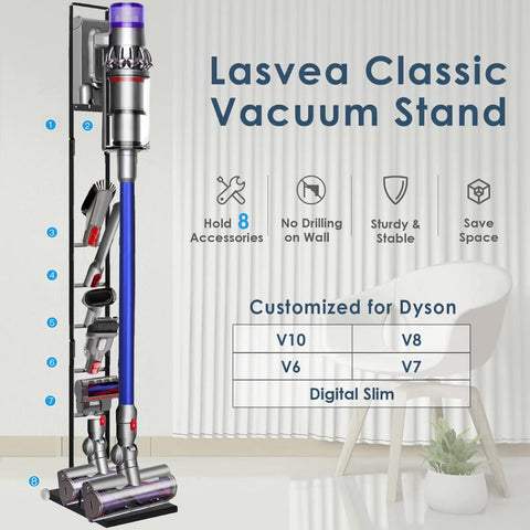 Heavy Duty Vacuum Stand With Wheels For Dyson V15 V12 V11 V10 V9 V8 V7 V6 Cordless Cleaners displaying accessories and features.