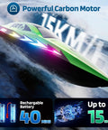 Kids Remote Control Boat Set for Pool and Lake Fun, Waterproof RC Boat With 8 LED Light Modes, green boat speeding at 15km/h