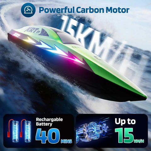 Kids Remote Control Boat Set for Pool and Lake Fun, Waterproof RC Boat With 8 LED Light Modes, green boat speeding at 15km/h