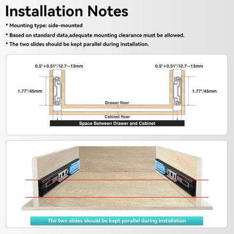 Diagram showing installation notes for Push To Open Soft Close Drawer Slides 1 Pair, Full Extension Ball Bearing Side Mount.