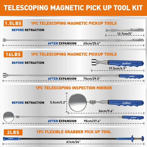 Heavy Duty 4 In 1 Magnetic Pick Up Tool Kit With Flexible Claw Grabber And 360 Degree Inspection Mirror For Getting Groceries Or Garage Items In Tight Spots Without Bending Over, 61cm grabber