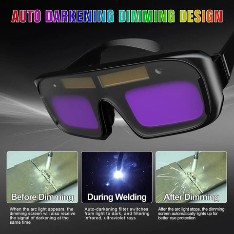 Premium Auto Darkening Welding Goggles With True Color Clarity Lens, showing dimming design and protective purple lenses.