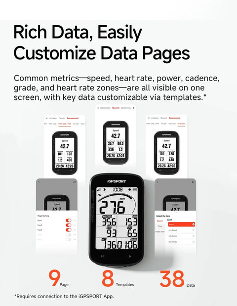 BSC100MAX GPS Bike Computer With 3 Inch Display showing customizable data pages for cycling metrics