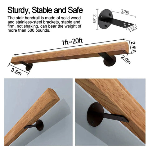 Three Foot Wooden Stair Handrail For Indoor Outdoor Use, Sturdy Wall Mount Guardrail with Stainless Steel Brackets