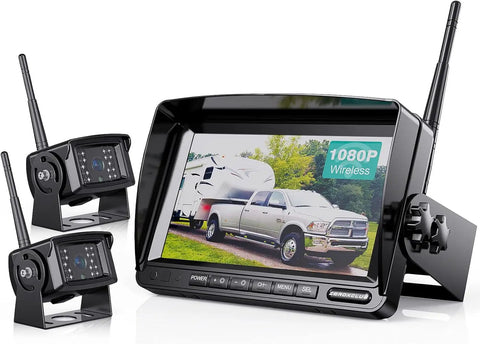 Wireless Backup Camera System Kit With Dual 7 Inch LCD Split Monitor For RV Truck Bus Camper And Trailer IP69K waterproof cameras