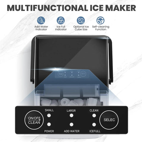 Countertop Ice Maker With Sturdy Carry Handle, Portable Ice Machine Freezing Bullet Ice Cubes In Rapid Six Minutes, Delivers Twenty Six Pounds Daily, Lowkey Essential Home And Tailgate Chiller In Jet Black, control panel view.