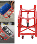 Heavy Duty Drum Cradle With Wheels Handles 600lbs moving 55 gallon barrels in red steel frame, showing smooth rolling with barrels.