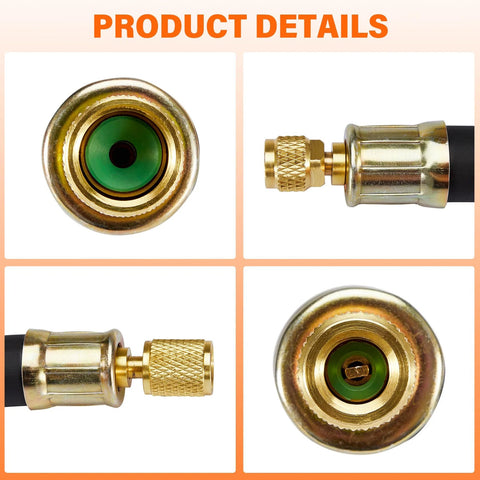 Four-view collage of 1/2-inch HVAC vacuum hose with 3/8-inch to 1/4-inch brass fittings, high-flow 6-foot black hose