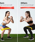 Comparison of women using 5 Pack Resistance Bands Set For Home Gym Workouts Must Have Elastic Exercise Bands For Strength Training Stretching Pilates Yoga And Physical Therapy Full Body Tone For Women And Men showing durability differences