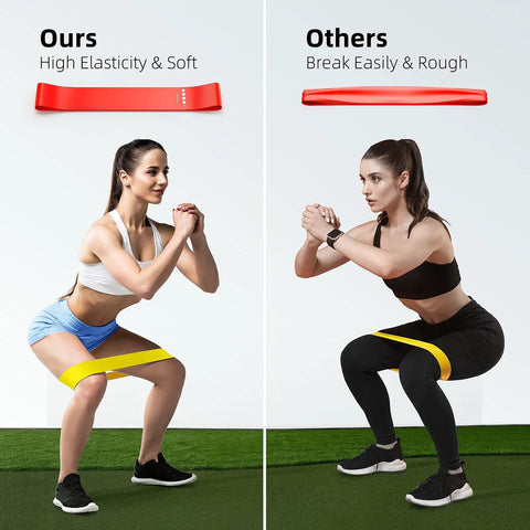 Comparison of women using 5 Pack Resistance Bands Set For Home Gym Workouts Must Have Elastic Exercise Bands For Strength Training Stretching Pilates Yoga And Physical Therapy Full Body Tone For Women And Men showing durability differences