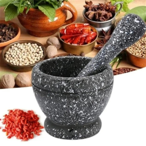 Heavy Duty Unpolished Granite Mortar And Pestle Set For Home Kitchen Grinds Guacamole Salsa Spices And Nuts Like A Pro Durable Stone Grinder Bowl For Crushing Flavor on a counter with spices and herbs
