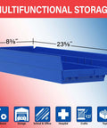 Heavy Duty Plastic Shelf Bins 24-Inch By 8-Inch By 4-Inch In Blue, 6 Pack, shown from side view with dimensions