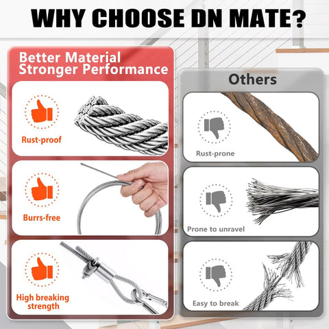 Marine Grade One Eighth Inch T316 Stainless Steel Wire Cable For Railing Kit, 7x7 Strand Core, comparison with other materials