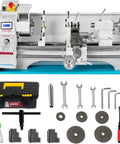 High-Precision Mini Metal Lathe With Brushless Motor And Digital Display, tools and accessories displayed with lathe.