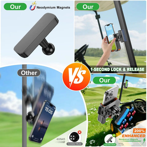 2-In-1 Golf Cart Phone Holder Mount With Magnetic Base And Vise Clamp for iPhone Galaxy on EZGO Club Car Yamaha in use outdoors