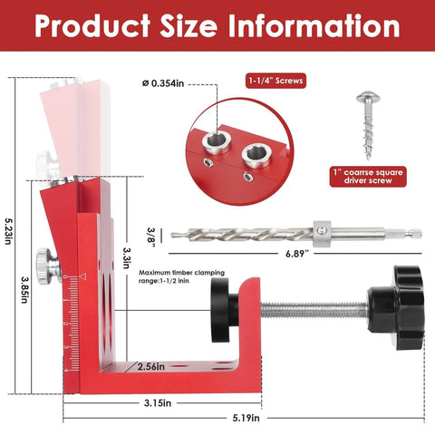 Pocket Hole Jig Kit With Adjustable Aluminum Pocket Hole System Portable Screw Jig Set dimensions and components guide.
