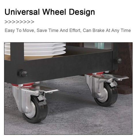 Close-up of the universal wheel design of the Three Tier Industrial Rolling Bar Cart With Thick Oak Shelves And Silent Casters For Living Room Hosting Hella Smooth Mobile Serving Trolley Top Shelf Storage Rack.