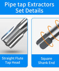 Versatile 5 Piece NPT Pipe Tap Set In Carbon Steel For Hand Threading And Accurate Threads showing straight flute tap head and square shank