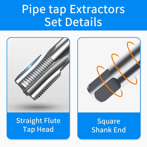 Close-up image of pipe tap extractor showing straight flute tap head and square shank end details.