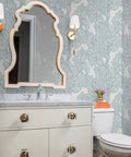 Premium Neutral Tropical Textured Vinyl Wallpaper Hella Durable Commercial Grade Wallcovering Custom Printed Paste Finish Smooth Leather Texture For Home Refresh in a stylish bathroom setting with a mirror and fixtures.