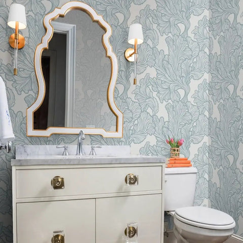Premium Neutral Tropical Textured Vinyl Wallpaper Hella Durable Commercial Grade Wallcovering Custom Printed Paste Finish Smooth Leather Texture For Home Refresh in a stylish bathroom setting with a mirror and fixtures.