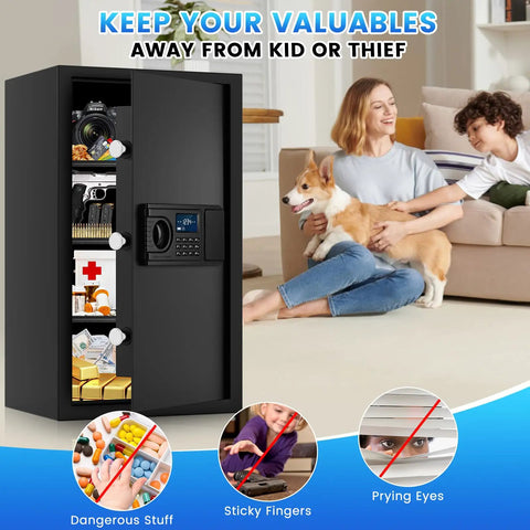 Open black 5.2 Cu Ft Large Fireproof And Waterproof Safe With LCD Keypad Anti Theft Alerts Hidden Code Mode Personal Combination Safe displaying organized valuables in a living room.