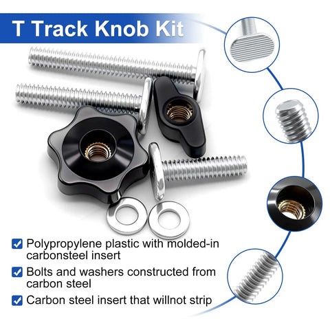T Track Knob Kit Set showing star knobs, washers, and bolts. Features include carbon steel core and threaded inserts.