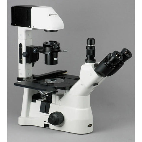 Inverted Trinocular Microscope With Long Working Distance And 40x-600x Magnification, WH10x Super Widefield Eyepieces Brightfield And Phase Contrast Objectives 30W Halogen Illumination, 0.3/0.5 NA Kohler Condenser, Mechanical Stage, 90-240V, side view