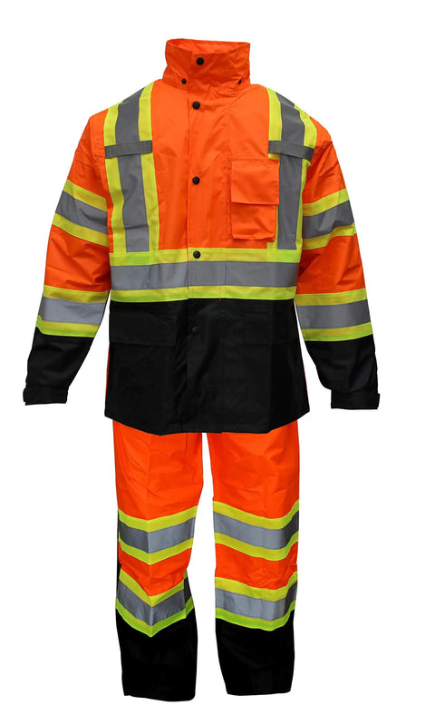 High Visibility Rain Suit With Jacket And Pants Class 3 ANSI ISEA 107 2015 Orange XL Waterproof Oxford Shell Black Bottoms