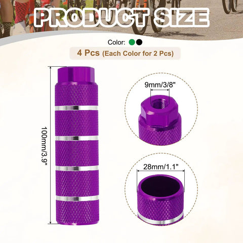 4 Pack Aluminum Alloy Bicycle Pegs For Three Eighths Inch Axles With Anti Skid Grip Fits Front And Rear For BMX Mountain Dirt Bikes Dope Green Purple, showing purple peg dimensions and texture.