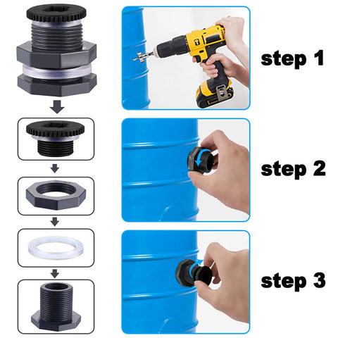 Installation steps for 4 Pack Rain Barrel Bulkhead Fittings Kit With Plugs And Hole Saw Tool Easy Install 1 Inch ID PVC Spigot Connectors